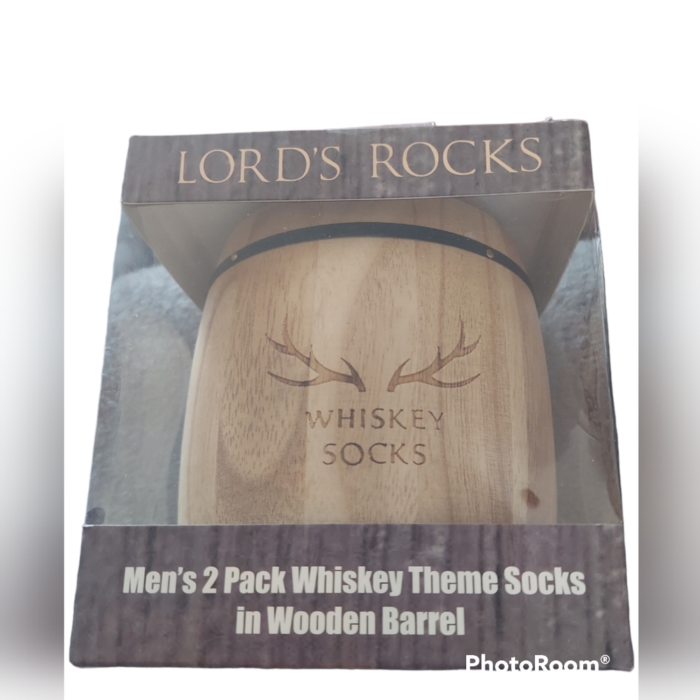 Lord's Rocks Men's 2 pack Whiskey Theme Socks in Wooden Barrel NWOT
